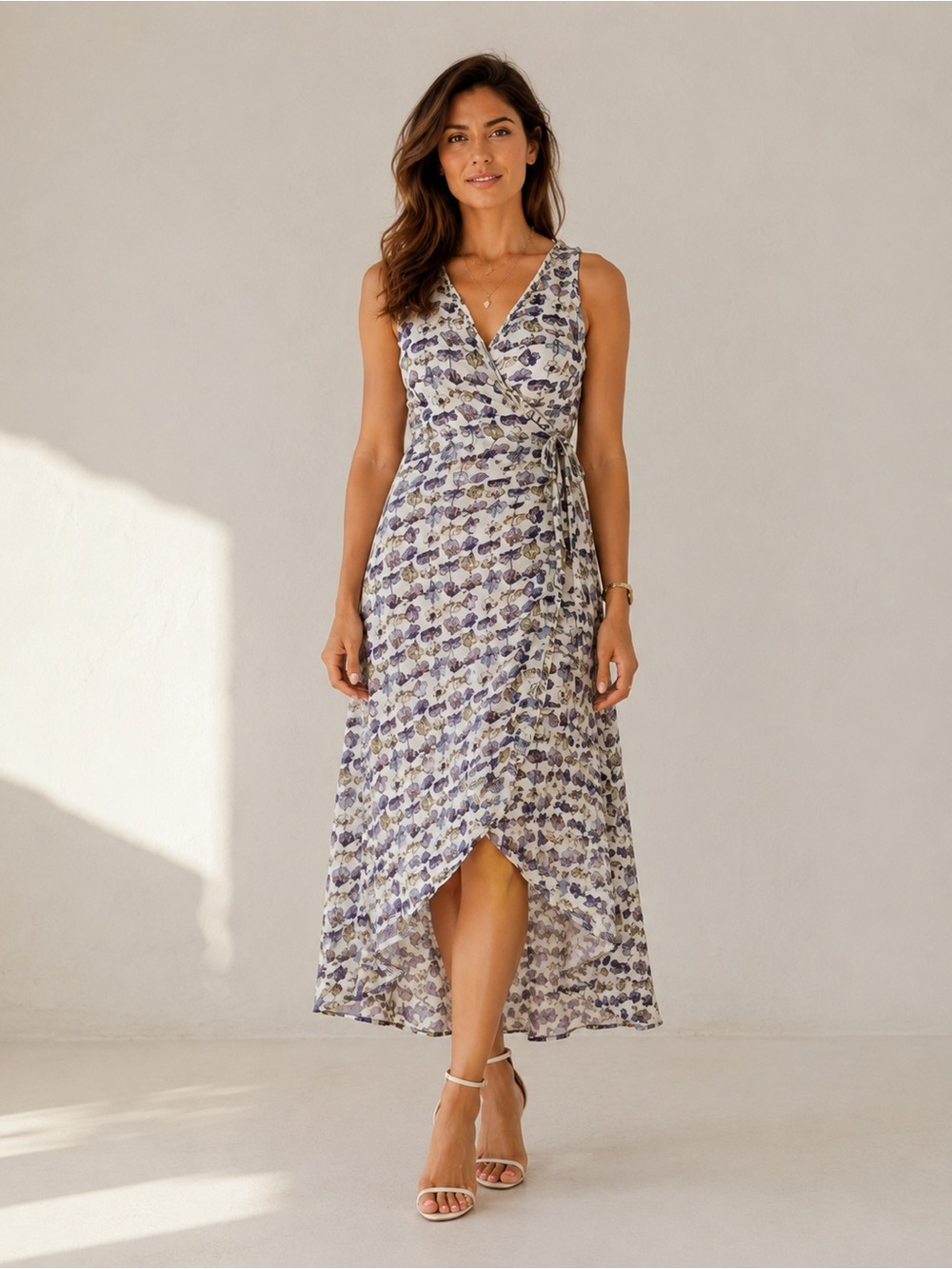 EVA MENDES for New York & Company Lavender & Cream Floral Wrap Midi Dress